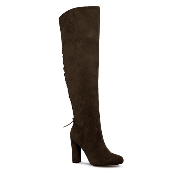 Shoe Dazzle Shoes - Olive Green Heeled Over Knee Boot w/ Corset Back